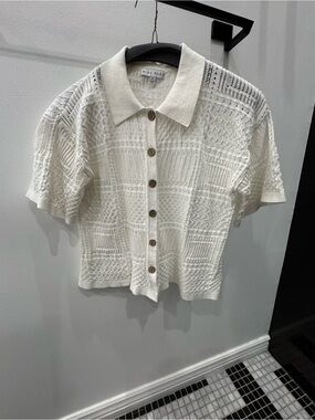 MIOU MUSE Ivory Short-Sleeve Button-Down Knit Top